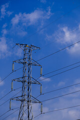 Electrical tower station wiring power with cloudy and blue sky background, High voltage station post