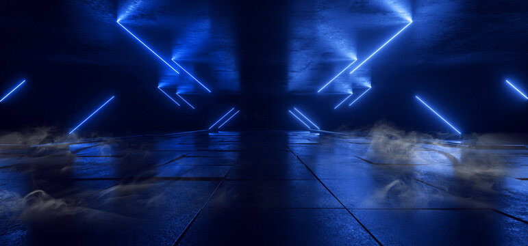 Smoke Fog Neon Glowing Laser Blue Beams Pillars Concrete Grunge Tiled Floor Alien Spaceship Cyber Tunnel Corridor Dark NIght Warehouse 3D Rendering © IM_VISUALS