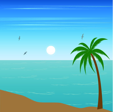 beautiful view of sandy beach and a palm tree and blueish sunrise background 