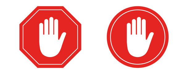Stop sign. Red prohibition sign with a human hand in the shape of an octagon and circle. Stopping a hand gesture, not entering, is dangerous. Vector illustration isolated on white background.
