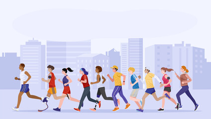 Obraz premium Flat design style. Group of healthy young people and disabled people jogging together. Vector