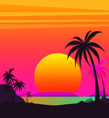 Beautiful sunset beach with palm trees sea view vector design