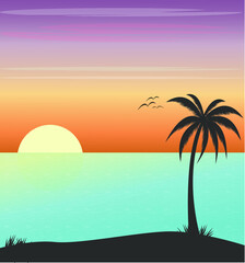 Fototapeta na wymiar Beautiful sunset beach with palm trees sea view vector design