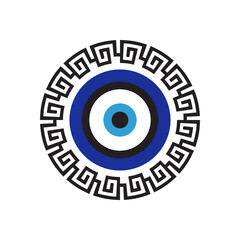 Greek evil eye. Protection symbol. Vector. Greek meander. Folklore talisman. Mediterranean amulet.