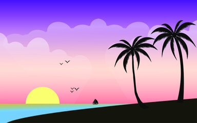 Beautiful sunset beach with palm trees sea view vector design