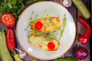 Delicious stuffed zucchini in a plate on a wooden table, top view