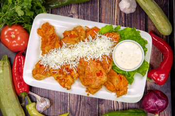 Delicious stuffed peppers garnished with grated cheese, lettuce and sauce in a plate on a wooden table, top view