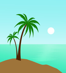 Fototapeta na wymiar beautiful view of sandy beach and a palm tree and blueish sunrise background 
