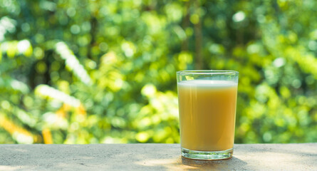 fresh orange juice in clear grass with fresh green nature blurry background. 