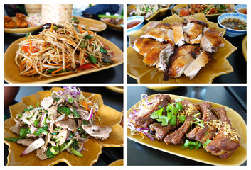 Collage of Delicious Thai Food. Papaya salad, Pork spare ribs, Spicy pork salad and Grilled chicken.