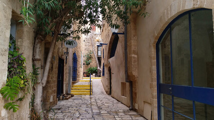 Fototapeta na wymiar narrow street in old town Jaffa
