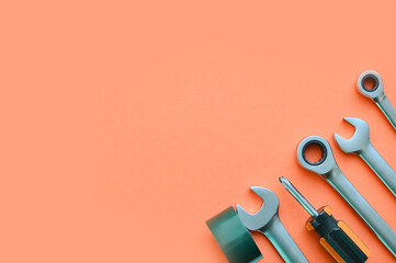 Various repair tools. Equipment for building.Must-have for men. . Repair tool kit. copy space.Flat...