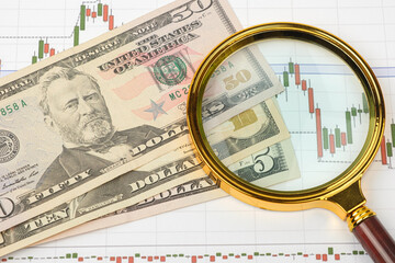 Stock financing, money, economic charts and a magnifying glass. Background for business ideas and...