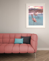 Interior poster mockup in minimal living room with sofa. Beach panorama with flamingos on white wall with herringbone parquet floor