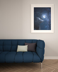 Interior poster mockup in minimal living room with sofa. Black dog and starry sky on white wall with herringbone parquet floor