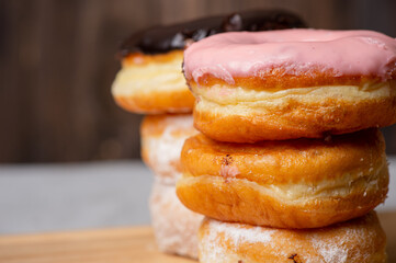 Donuts, Strawberry flavor, Chocolate flavor, Donut with sugar, Donuts coconut on woodplate