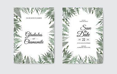 Botanical wedding invitation card template design, white and green leaves on white background.