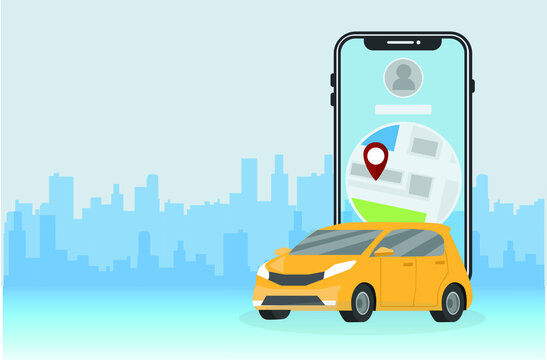 Vector of Online car service on mobile application concept, yellow car service with mobile phone map