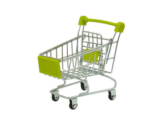 green handle shopping cart on white background