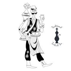 Turkish street seller in folk costume sells traditional drink (hot tea, sherbet, shira grape juice). Black and white.