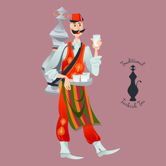 Turkish street seller in folk costume sells traditional drink (hot tea, sherbet, shira grape juice).