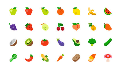 All Fruits Vector Icons Set. Vegetables, Vegetarian Foods. Fresh Organic Food Flat Illustrations, Emojis, Symbols, Stickers Collection