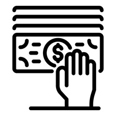 Hand on money icon. Outline hand on money vector icon for web design isolated on white background