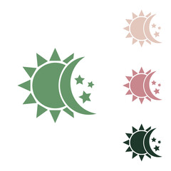 Sun, moon, stars sign. Russian green icon with small jungle green, puce and desert sand ones on white background. Illustration.