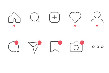 social media icon vector set. instagram style. share like heart message bubble chat sign symbol. love web. communication network. white background. outline modern design. isolated stock.