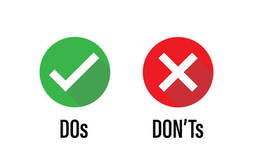 do dont icon. good true dos and bad false donts. like unlike error. green red circles on white backgrounds. okay fail sign. ok negative incorrect correct. social accept. approved positive. - obrazy, fototapety, plakaty