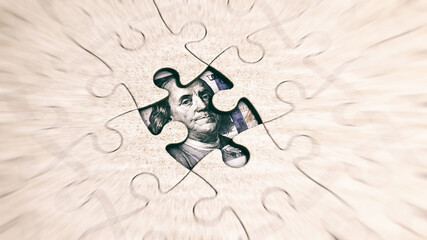 motion blur zoom effect spot on face of Benjamin Franklin in us dollar banknotes under a missing piece of jigsaw puzzle, business solution concept