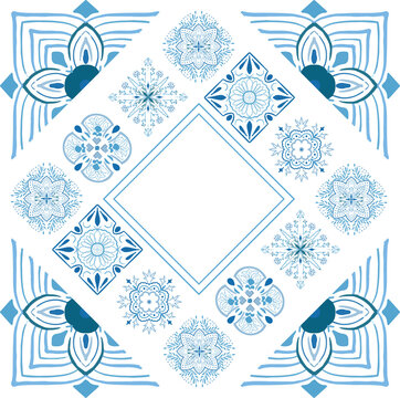 Geometric tiles square vector frame template. Vintage border pattern. Antique ceramic decor design. Mediterranean blue decor. Portuguese or spanish retro old mosaic tiles.