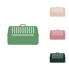 Cat basket sign. Russian green icon with small jungle green, puce and desert sand ones on white background. Illustration.