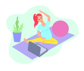 vector illustration, pregnant woman doing physical exercises, online training