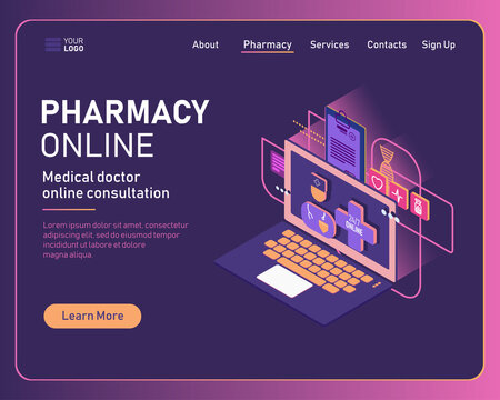 Online pharmacy conceptual composition with isometric images of tablet and various pharmaceutical drugs illustration. Doctor online medical consultation concept. Landing isometric page