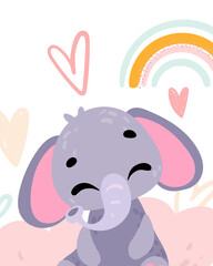 Poster with cute animal. Elephant. Cartoon character. Vector illustration for t-shirt prints, greeting cards, posters, room decor
