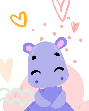 Poster with cute animal. Hippo. Cartoon character. Vector illustration for t-shirt prints, greeting cards, posters, room decor