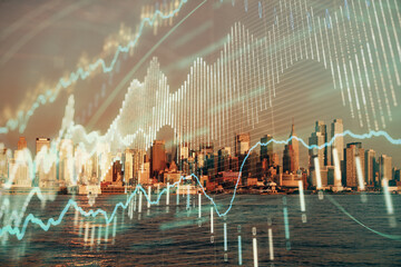 Forex chart on cityscape with tall buildings background multi exposure. Financial research concept.