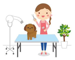 トリマーの女性　トリミングサロン　プードル　イラスト