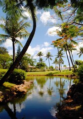 Portrait shot of a landscaped garden a pond and coconut trees by a tropical beach