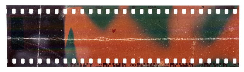 Start of 35mm negative filmstrip, first frame on white background, real scan of film material with cool scanning light interferences and deep scratches. - obrazy, fototapety, plakaty