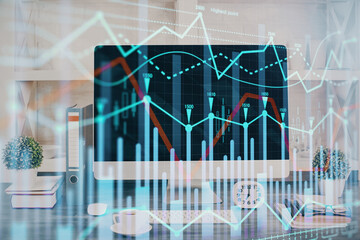 Forex graph hologram on table with computer background. Double exposure. Concept of financial markets.