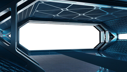 Dark blue spaceship futuristic interior mockup with window 3d rendering