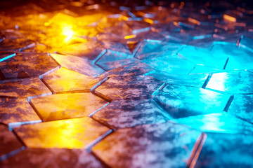 Blue and orange glowing hexagons background pattern on textured metallic surface 3D rendering