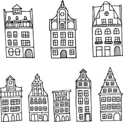 Europe House Vintage Building Village Town Facade Cartoon Vector Illustration Doodle Elements Outline Monochrome Isolated White Background Collection Set