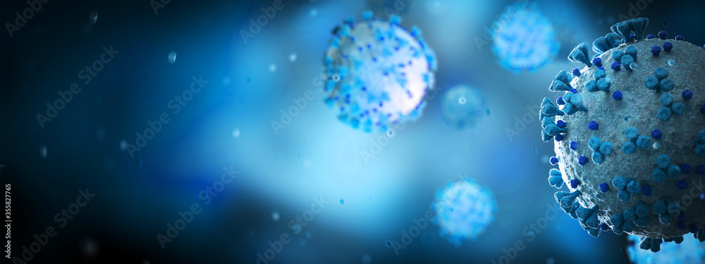 Poster microscopic close-up of the covid-19 disease. coronavirus illness spreading in body cell. 2019-ncov 