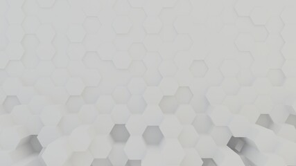 Abstract geometric background of randomly extruded white hexagons, 3D render illustration