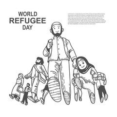 Hand drawn world refugee day with father and daughter walking  Vector illustration