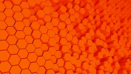 Abstract geometric background of randomly extruded orange hexagons, 3D render illustration