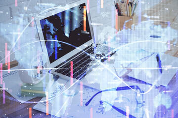 Double exposure of business theme icons and work space with computer background. Concept of success.